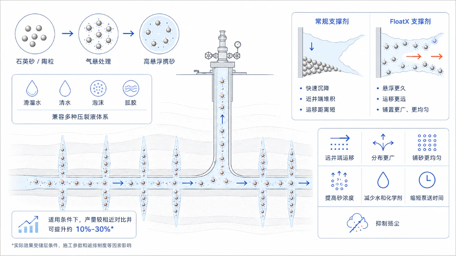 FloatX 气悬砂压裂技术机理与支撑剂运移示意图