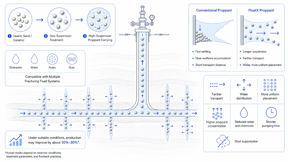 FloatX gas-suspended proppant mechanism and proppant-transport diagram