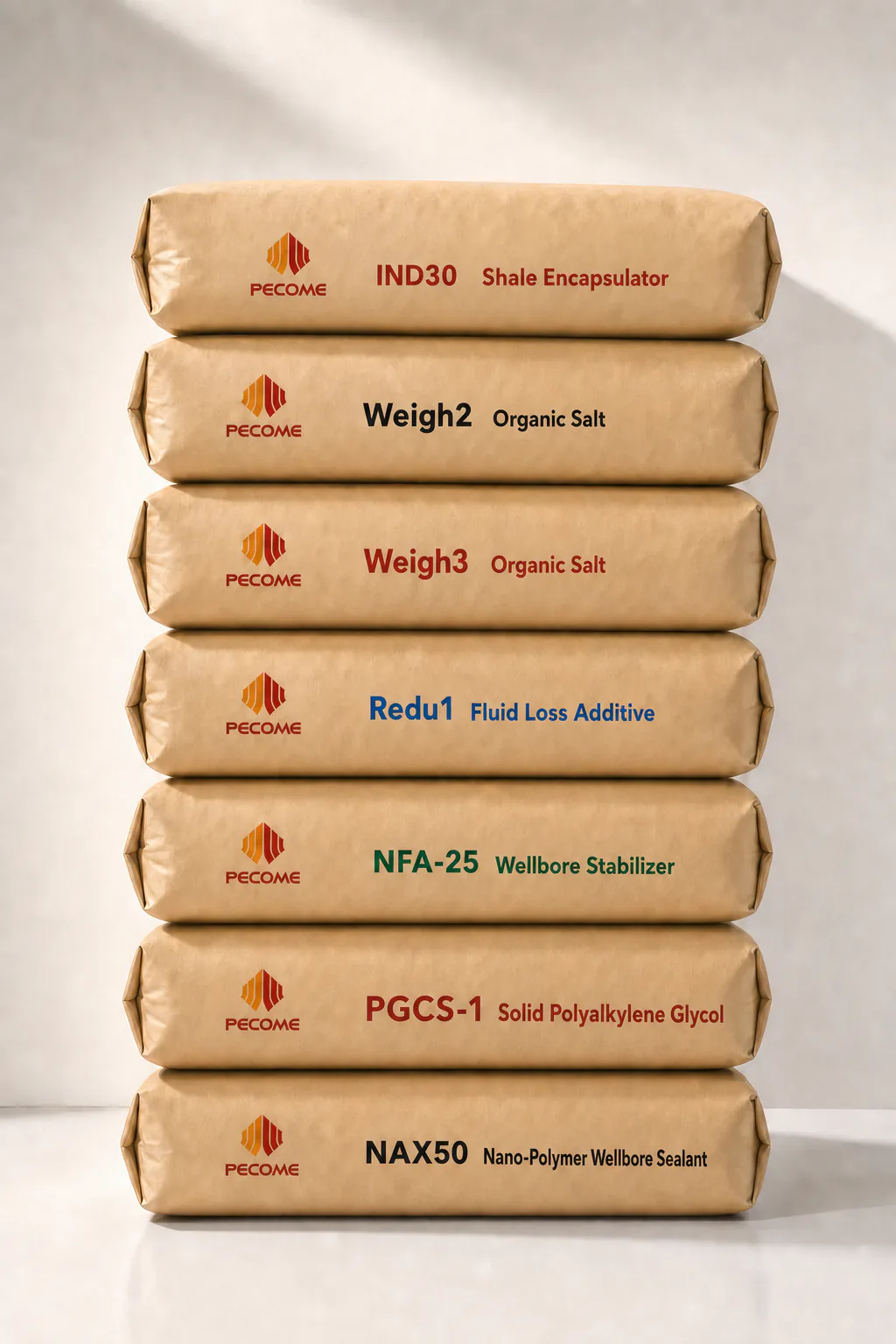 PECOME organic salt, shale encapsulator, fluid-loss additive, and nano-sealant packaging range