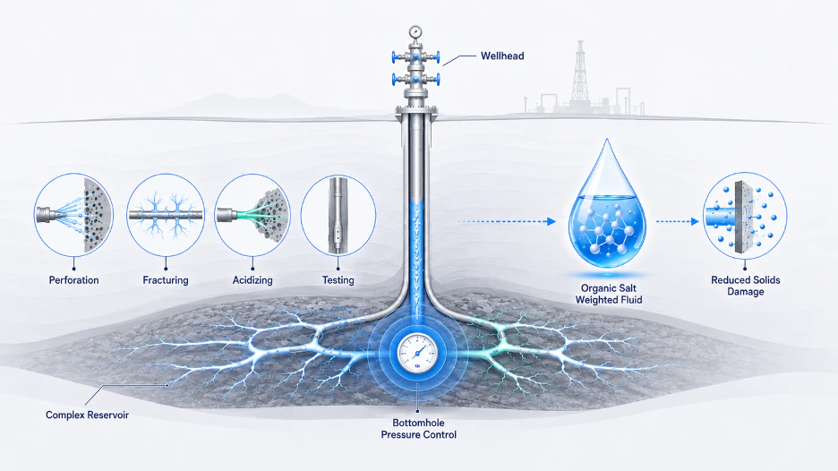 Organic-salt weighted stimulation fluid bottomhole-pressure control and reduced solids-damage mechanism